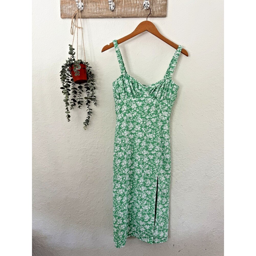 Cotton Candy LA Green Floral Midi Dress Side Slit Rutched Strap Cottagecore S
